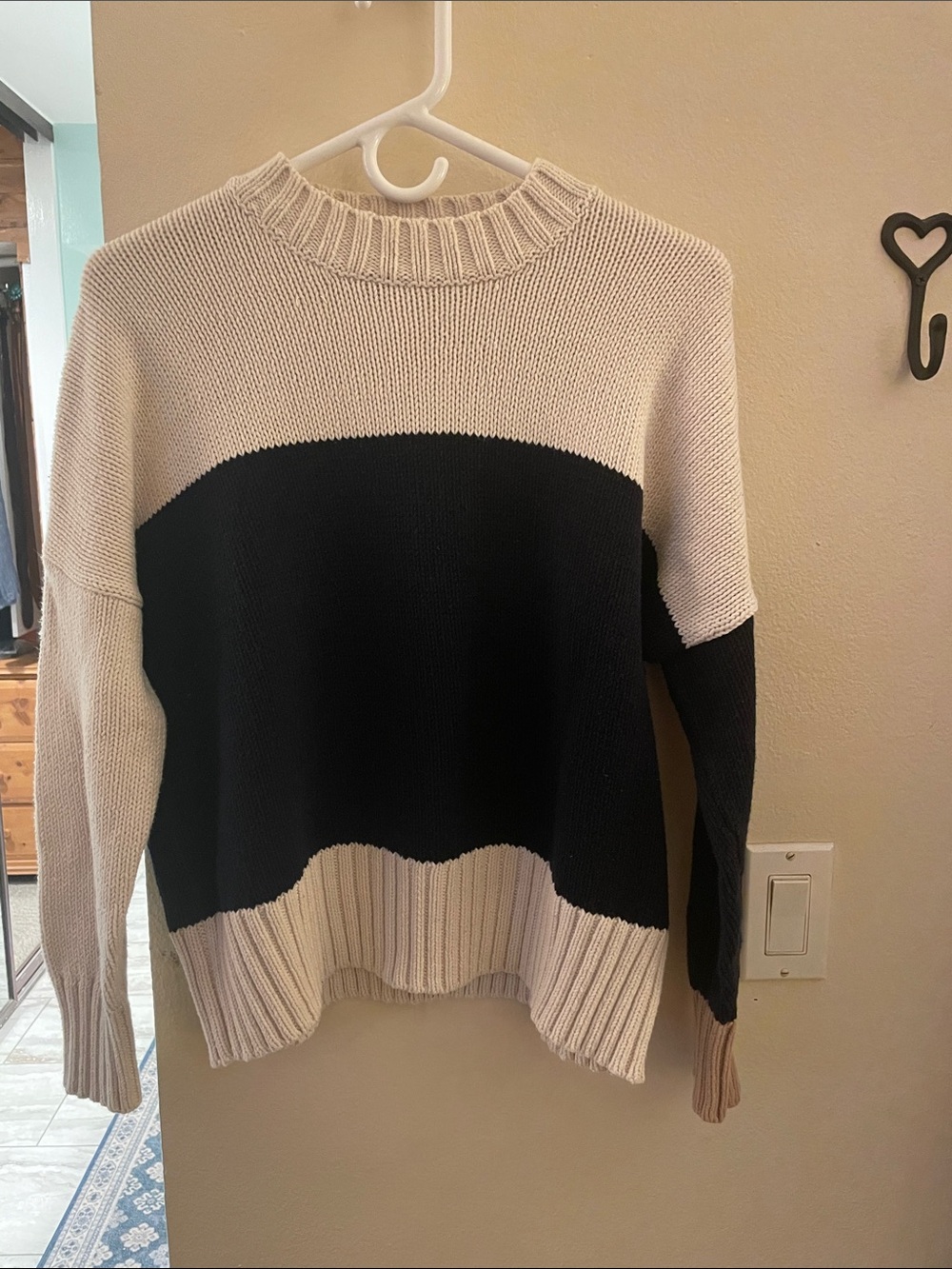 360 Sweater Cream and Black Colorblock Crewneck Sweater